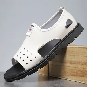 Detailed side profile of white breathable hollow-out men's casual beach sandals