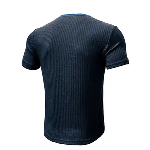 Detailed back view of a premium navy blue ribbed short-sleeved Henley t-shirt for men