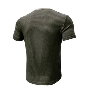 Rear view of men's army green ribbed knit short sleeve T-shirt showing detailed fabric texture