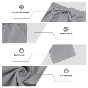 Dettagli dei pantaloni in lino da uomo: vita, tasca, fondo e trama del tessuto mostrati