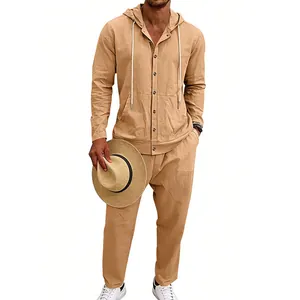 Completo casual da uomo in lino in due pezzi con camicia con cappuccio e pantaloni