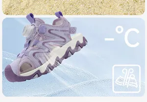 Close-up of breathable purple kids sandals showing mesh texture and cooling technology