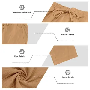 Dettagli dei pantaloni in lino da uomo che mostrano vita, tasca e trama del tessuto