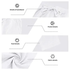 Primi piani dettagliati di pantaloni in lino bianco con dettagli su vita, tasche e tessuto