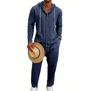 Completo due pezzi da uomo in lino blu navy con camicia con cappuccio e pantaloni