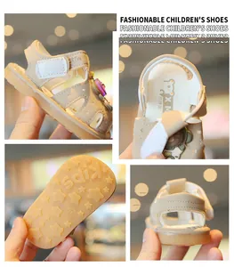 Detailed views of beige infant sandals with soft non-slip star pattern soles