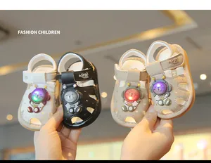 Close-up of LED light-up toddler sandals with cute astronaut bear design