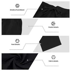 Primi piani dettagliati dei pantaloni in lino nero con elastico in vita, tasca e trama