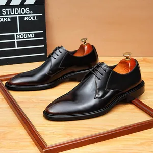 Men Business Genuine Leather Derby Shoes Vintage British Style Burnished Plain Toe Lace-up Formal Wedding Shoes Large Size