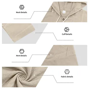 Dettagli della camicia in lino beige con cappuccio, colletto, polsini e tessuto