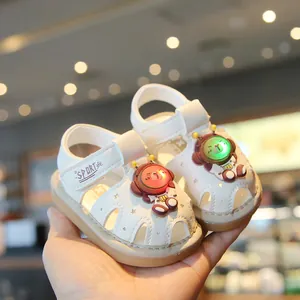 Baby white light-up sandals with cartoon character and soft non-slip sole for toddlers