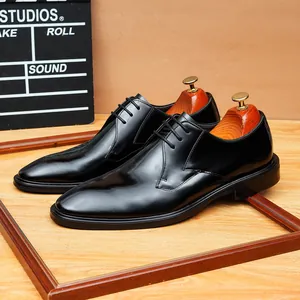 Elegant black genuine leather plain-toe men's business dress shoes with lace-up design