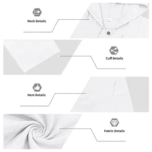 Dettagli della camicia con cappuccio in lino bianco da uomo che mostrano collo, polsini e tessuto