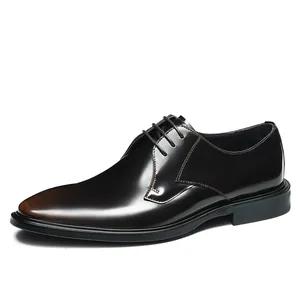 Elegant brown cowhide men's business derby shoes with vintage rubbed leather finish