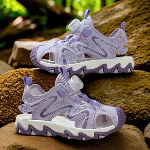 Purple children's closed-toe sandals with rotary dial lacing and non-slip sole