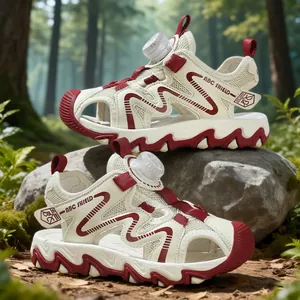 Children's non-slip toed-in sports beach sandals in white and burgundy for outdoor hiking