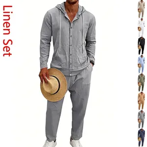 Uomo Stile Americano Casual Lino Top And Bottom Con Cappuccio Manica Lunga Camicia Giacca Pantaloni Lunghi Completo Vacanza