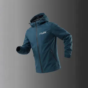 Herren Sonnenschutzjacke mit Kapuze in Blaugrün, UPF50+ und RUN-Logo-Druck