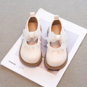 Zapatos Mary Jane de Princesa para Niñas Con Lazo Perla Artificial Encaje Suela Blanda Zapatos de Vestir para Boda Fiesta