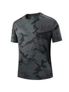 Men's gray camouflage quick-dry short sleeve T-shirt for sports and outdoor fitness.