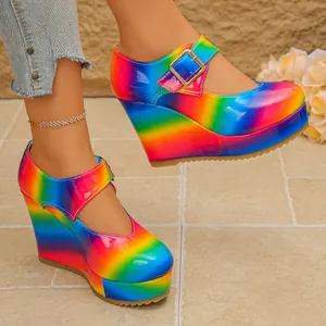 Vibrant rainbow patent leather Mary Jane platform wedge shoes with buckle strap detail