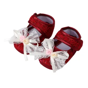 Adorable red baby girl soft sole princess shoes with floral lace and large bows