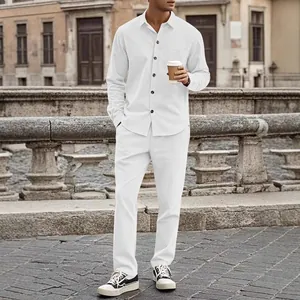 Men's casual white corduroy two-piece set with long sleeve button shirt and pants