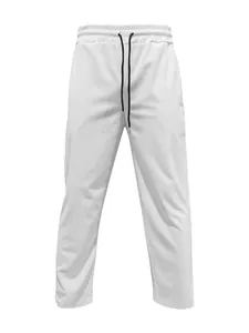 Detailed view of white corduroy men's casual pants with drawstring waist