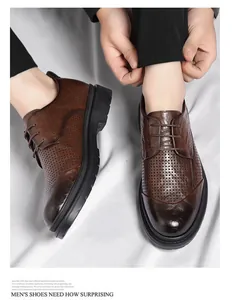 Detailansicht von braunen Herrenschuhen aus gelochtem Leder im britischen Brogue-Stil
