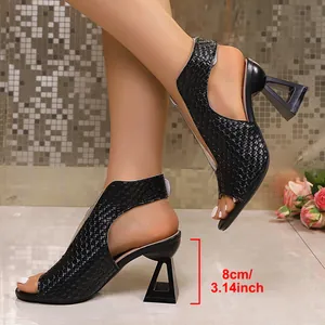 Black woven peep-toe high-heeled sandals with 8cm geometric flared heel
