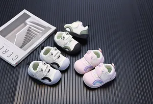 Collection of breathable toddler walking sneakers in cute pastel colors for kids.