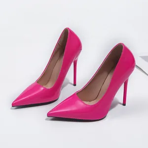 Vue détaillée latérale d'élégants escarpins stilettos en cuir verni magenta à bout pointu