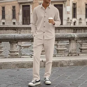 Full body detail view of beige corduroy men's casual button-down shirt and pants set