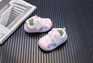 Breathable pink mesh baby walking shoes featuring cute rabbit ear Velcro straps design