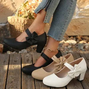 Zapatos de Tacón Mary Jane Retro para Mujer Tacón Alto Grueso Punta Redonda Lazo Zapatos de Vestir Dulces para Oficina Diario PU Caucho