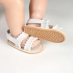 Detailansicht der weißen Baby-Lauflernsandalen mit Bommelbesatz und rutschfester Sohle.