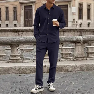 Men Casual Corduroy Two Piece Set Long Sleeve Lapel Button Shirt And Straight Leg Pants Spring Autumn Outdoor Outfit