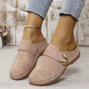 Detailed view of pink thick-soled closed-toe mules with perforated patterns
