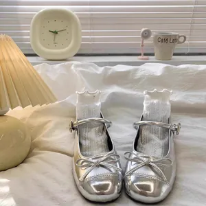 Meisjes Mary Jane Schoenen Franse Stijl Prinses Strikje Platte Schoenen Zilver Zwart PU Leer Feestjurk Schoenen