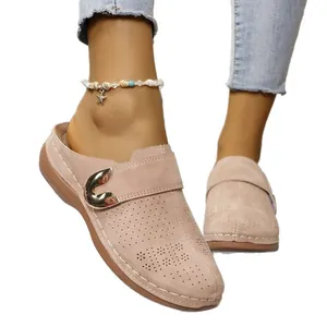 Elegant summer women's platform closed-toe clogs with floral laser-cut design and buckle