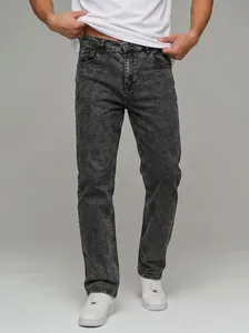 Detailed front view of men's loose straight-leg acid wash charcoal grey denim pants