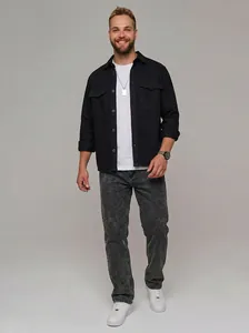 Detail of men's loose straight denim jeans in dark grey wash for summer casual style.