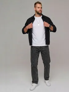 Full-length view of men's washed grey straight-leg jeans with a relaxed loose fit style.