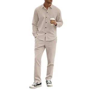 Men's stylish beige corduroy two-piece casual set featuring a button-down shirt and trousers
