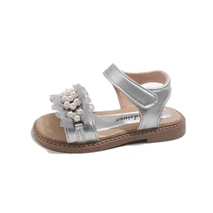 Silver girls' sandals with pearl and ruffle detail, elegant princess style footwear