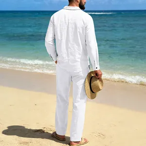Back view of a white linen long-sleeve shirt and matching straight-leg pants on beach