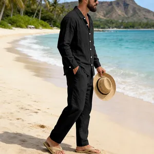 Full-body shot of men's black linen set with long sleeve shirt and straight pants