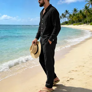 Men's black linen long-sleeve shirt and trousers set for beach casual seaside wear