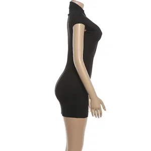Side profile view of a sexy black high-neck bodycon mini dress featuring short sleeves