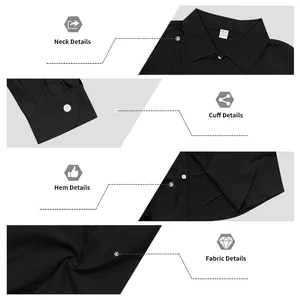 Detailed close-up of a men's black linen-cotton shirt showing collar, cuffs and fabric texture.